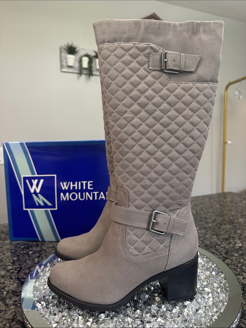 White Mountain gray Quilted tall-Calf fur lined Buckle Boots NEW 8